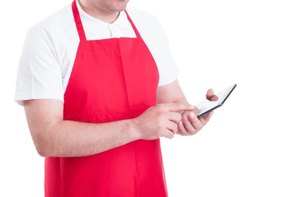 Hypermarket merchandiser with tablet pc at work — Stock Photo, Image