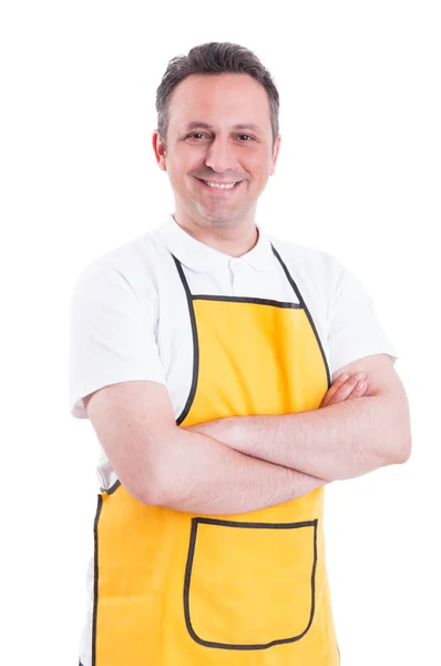 Confident smiling supermarket clerk posing with folded arms — Stock Photo, Image