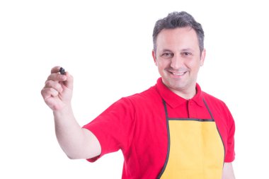 Boş ekranda yazma genç satıcı portresi