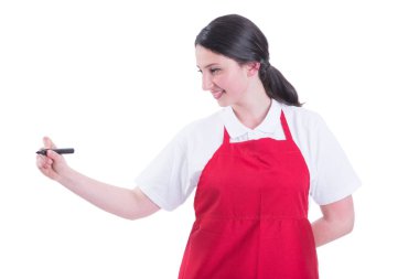 Kadın merchandiser boş ekran marker ile yazma