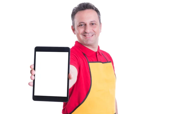 Cheerful employee showing his work tablet — Stock Photo, Image