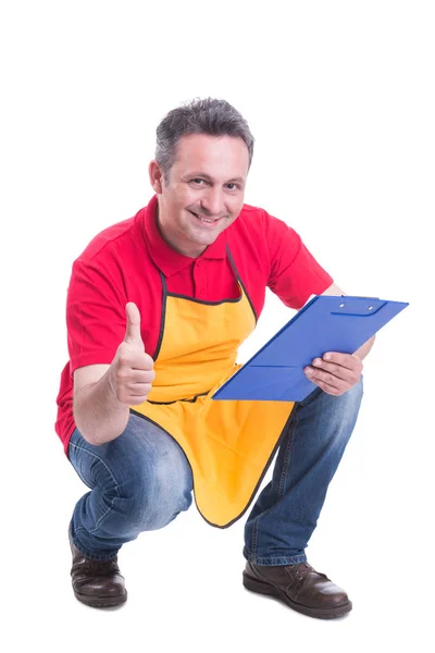 Successful seller indicate like sign and smiling — Stock Photo, Image