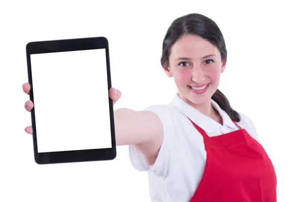 Slective focus van de vrouwelijke werknemer die met behulp van digitale tablet — Stockfoto