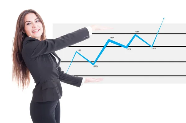 Gelukkig zakenvrouw bedrijf financiële toenemende grafiek — Stockfoto