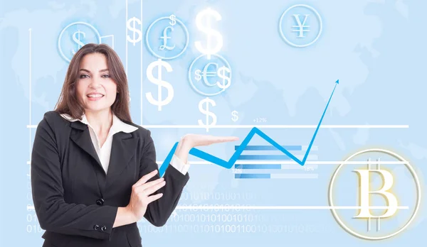 Happy business woman presenting financial growth — Stock Photo, Image