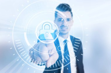 Sanal ekran üzerinde işadamı basın kalkan kilit 