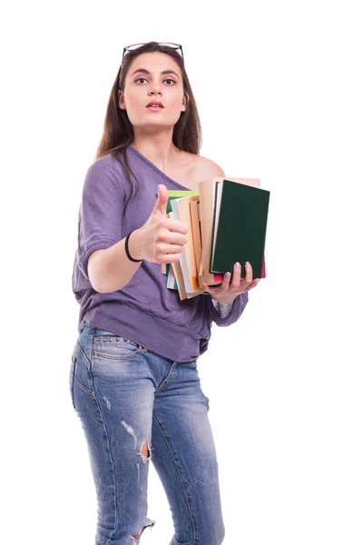 Mooie jonge college meisje met veel boeken — Stockfoto