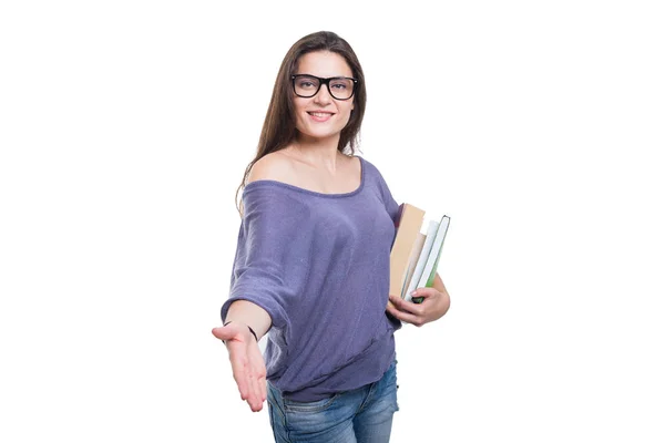 Estudante sorridente bonita com muitos livro — Fotografia de Stock