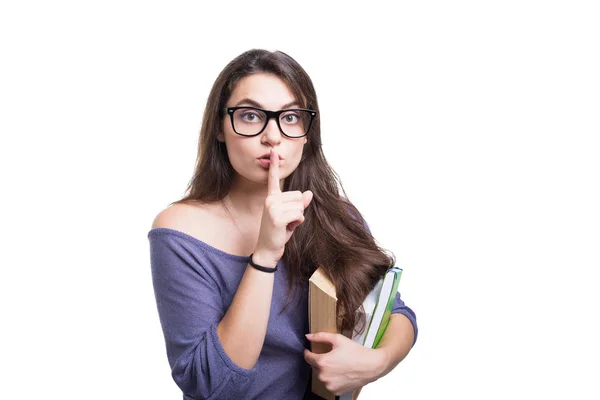 Junge schöne brünette Studentin erfordert Schweigen — Stockfoto