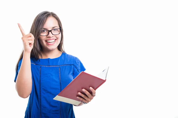 Portrait of student girl holding notebook having an idea — Stock Photo, Image