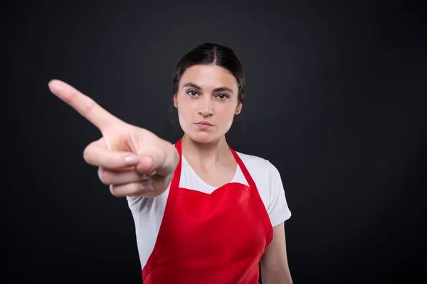 Supermarkt medewerker vrouw weigering gebaar maken — Stockfoto
