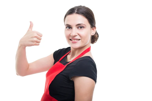 Female merchandiser showing like gesture sign — Stock Photo, Image