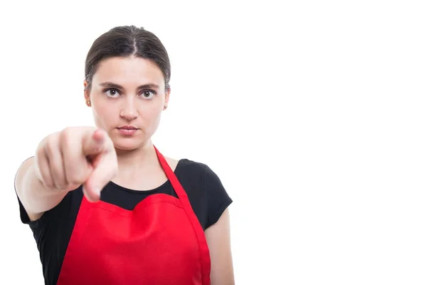 Portrait of girl seller indicate you — Stock Photo, Image