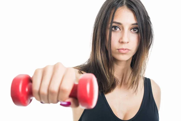 Selective focus of girl exercising with small dumbbell — Stock Photo, Image