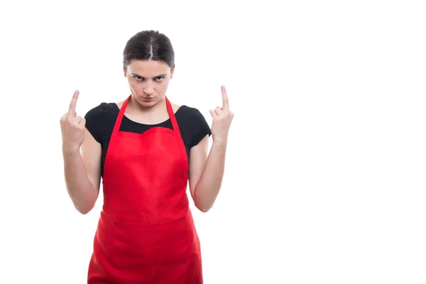 Zły pracownica dziewczyna pokazuje środkowy palec gest — Zdjęcie stockowe