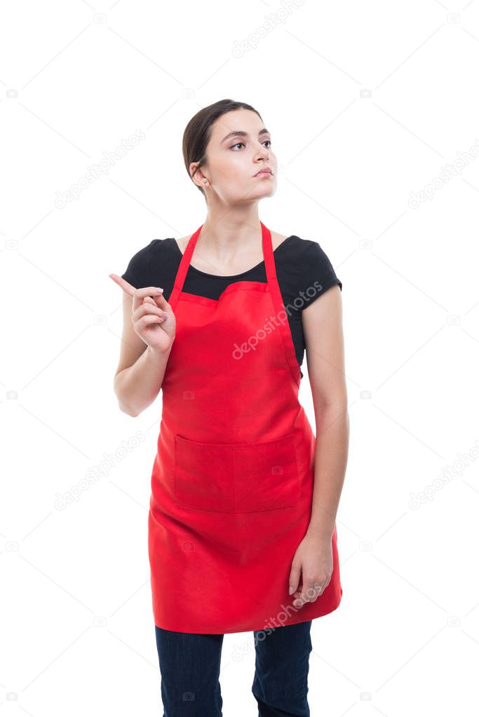 Beautiful young employee showing rejection gesture