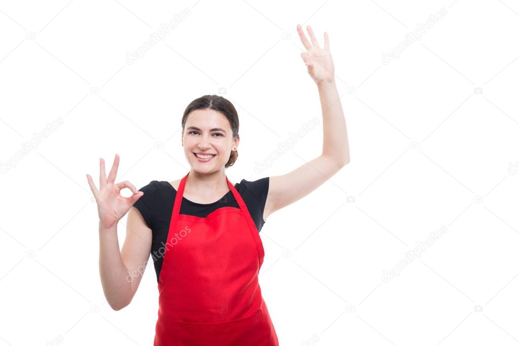 Hypermarket seller smiling excited on white background