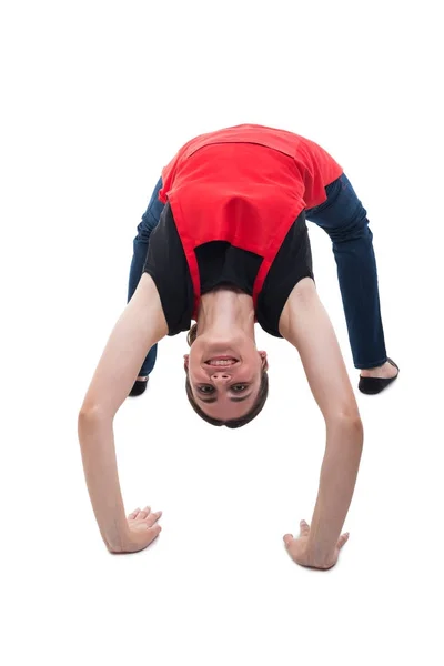 Flexible happy employee doing physical exercises — Stock Photo, Image