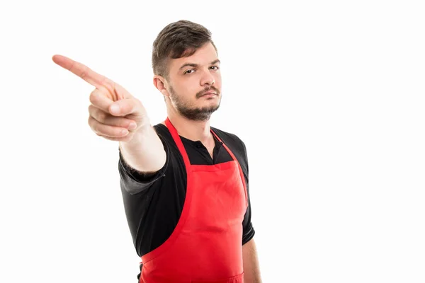 Patrón de supermercado mostrando gesto de negación — Foto de Stock