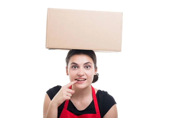 Beautiful woman holding cardboard box — Stock Photo, Image