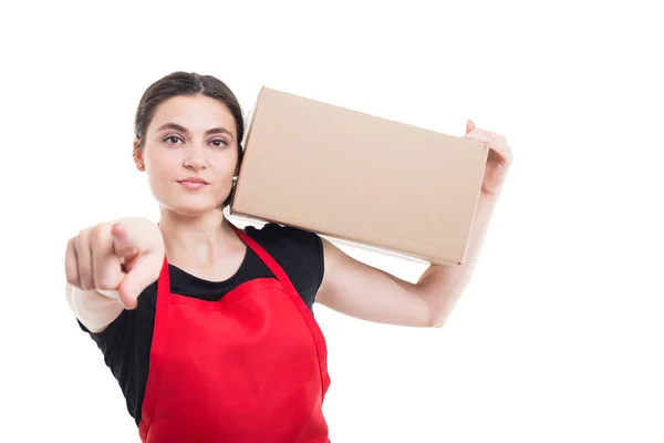 Pretty female clerk carrying storage box — Stock Photo, Image