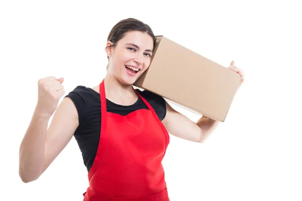 Cheerful girl employee with cardboard box — Stock Photo, Image