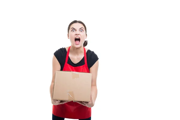 Angry supermarket clerk screaming with rage — Stock Photo, Image