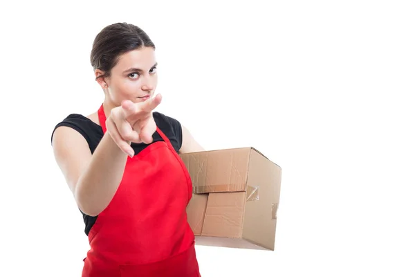 Young supermarket employee pointing you with fingers — Stock Photo, Image