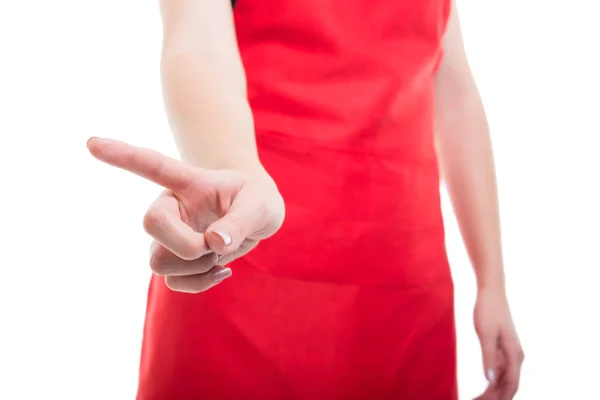 Deget feminin cu șorț atingând un ecran invizibil — Fotografie, imagine de stoc