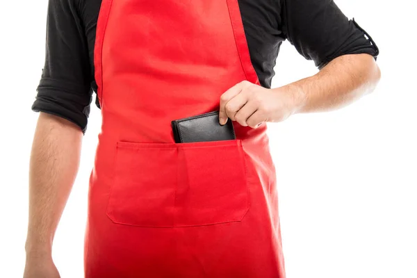 Close-up van supermarkt werkgever houden portefeuille in zak — Stockfoto