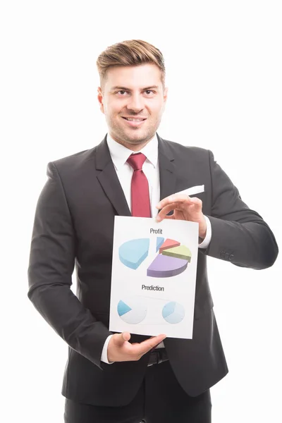 Portrait of business man holding profit and prediction graphs — Stock Photo, Image