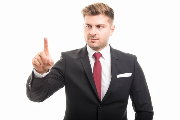 Retrato del hombre de negocios corporativo guapo usando pantalla táctil —  Fotos de Stock