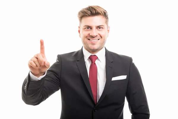 Retrato del hombre de negocios corporativo guapo usando pantalla táctil —  Fotos de Stock