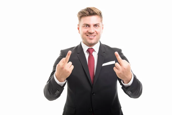 Handsome corporate business man showing middle finger with both — Stock Photo, Image