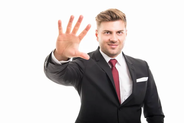 Portrait of handsome corporate business man showing number five — Stock Photo, Image