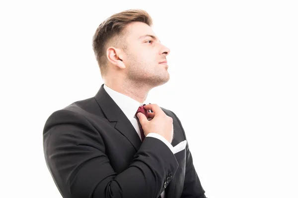 Close-up of handsome business man standing arranging his tie — Stock Photo, Image