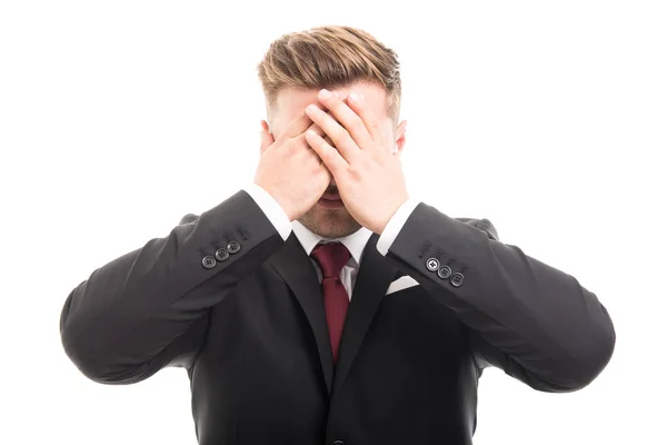 Handsome business man covering eyes like blind gesture — Stock Photo, Image