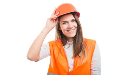 Koruma üniforma ile mutlu poz güzel kız mimar