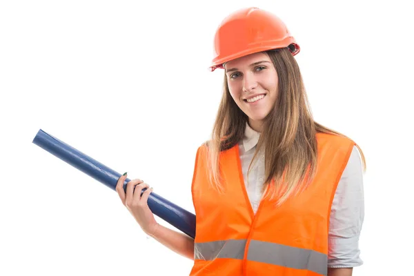 Arquitecta sonriente o mujer constructora con planos —  Fotos de Stock