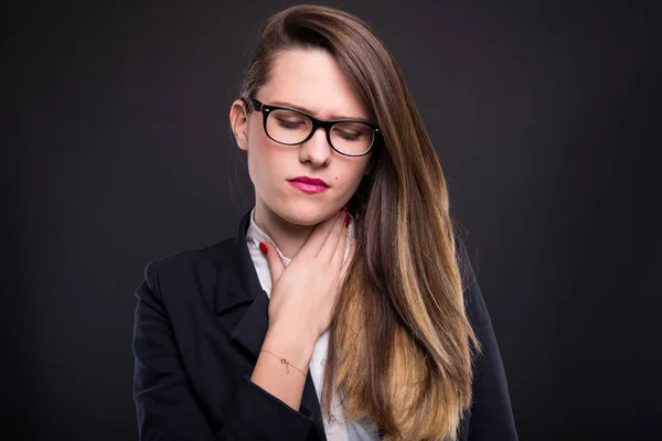 Sad female manager felling sick and suffering — Stock Photo, Image