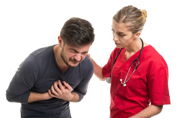 Senhora médico e paciente com dor de estômago — Fotografia de Stock