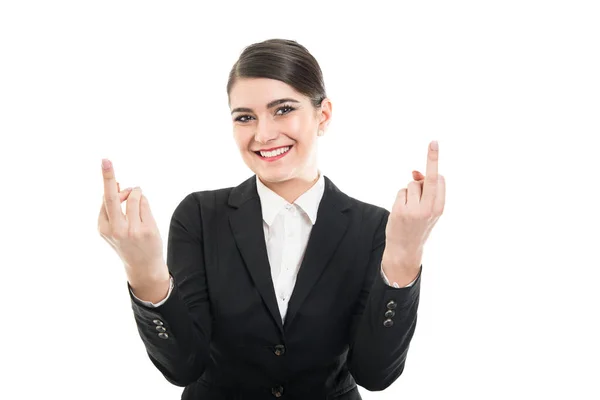 Portrait of female flight attendant showing double obscene gestu — Stock Photo, Image