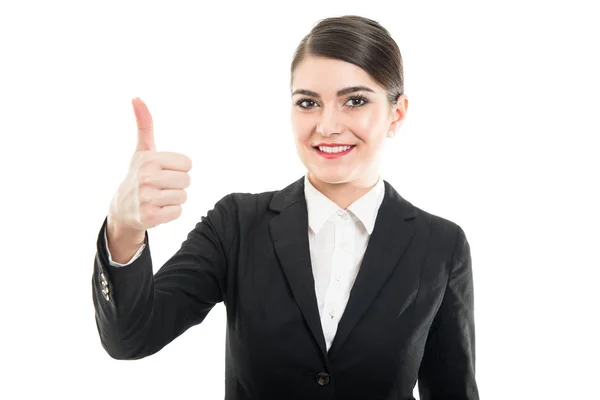 Portrait of beautiful female flight attendant showing like gestu — Stock Photo, Image