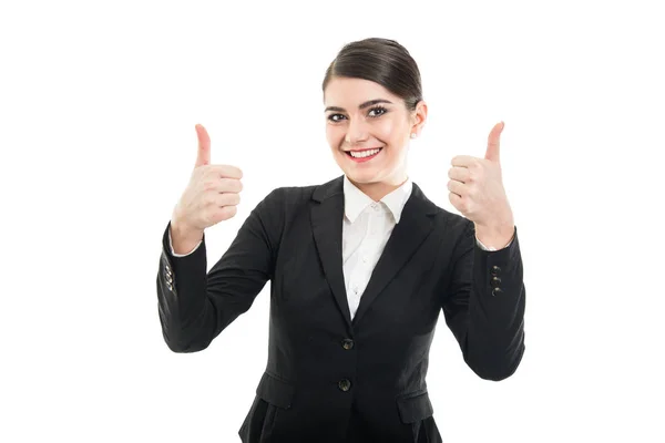 Portrait of beautiful female flight attendant showing double lik — Stock Photo, Image