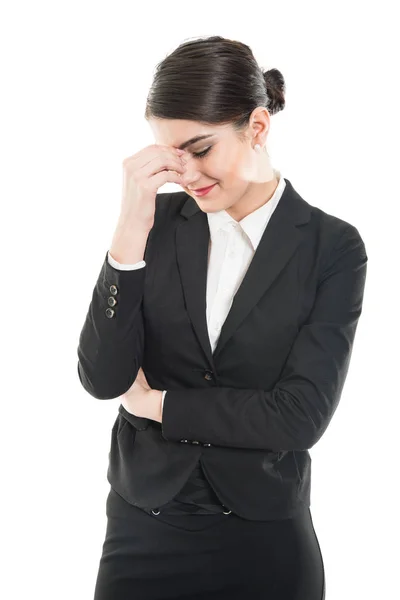 Bella donna assistente di volo in piedi e pensando — Foto Stock