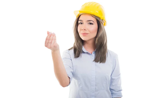 Portrait de femme constructeur montrant gestur argent — Photo