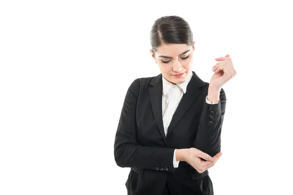 Retrato de una hermosa hembra sosteniendo su codo como lastimada —  Fotos de Stock