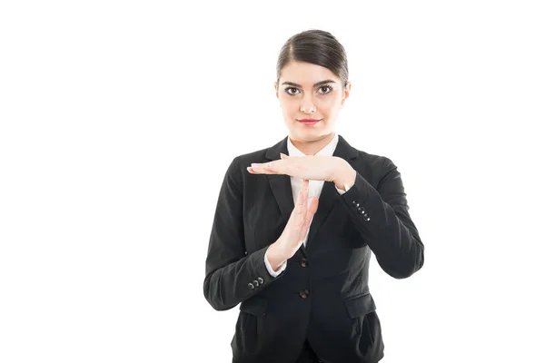 Beautiful female flight attendant showing time out gesture — Stock Photo, Image