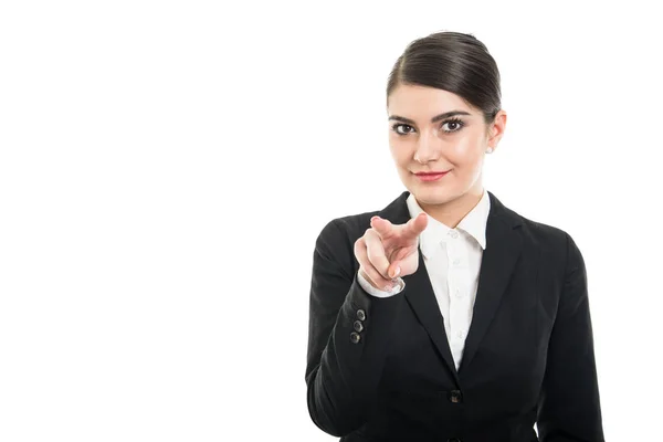 Beautiful female flight attendant showing watching you — Stock Photo, Image