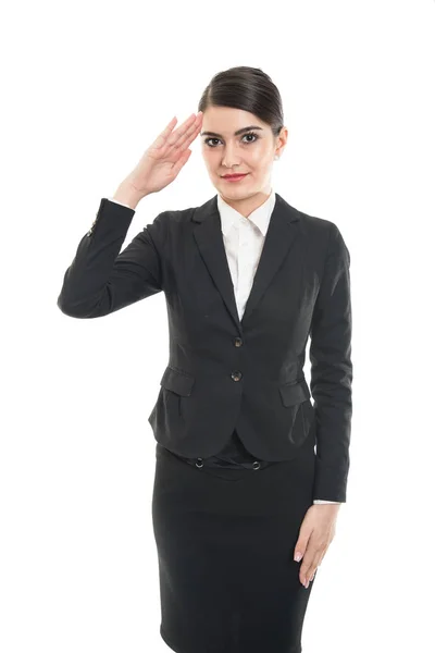 Porträt einer schönen Stewardess, die Salutgeste macht — Stockfoto